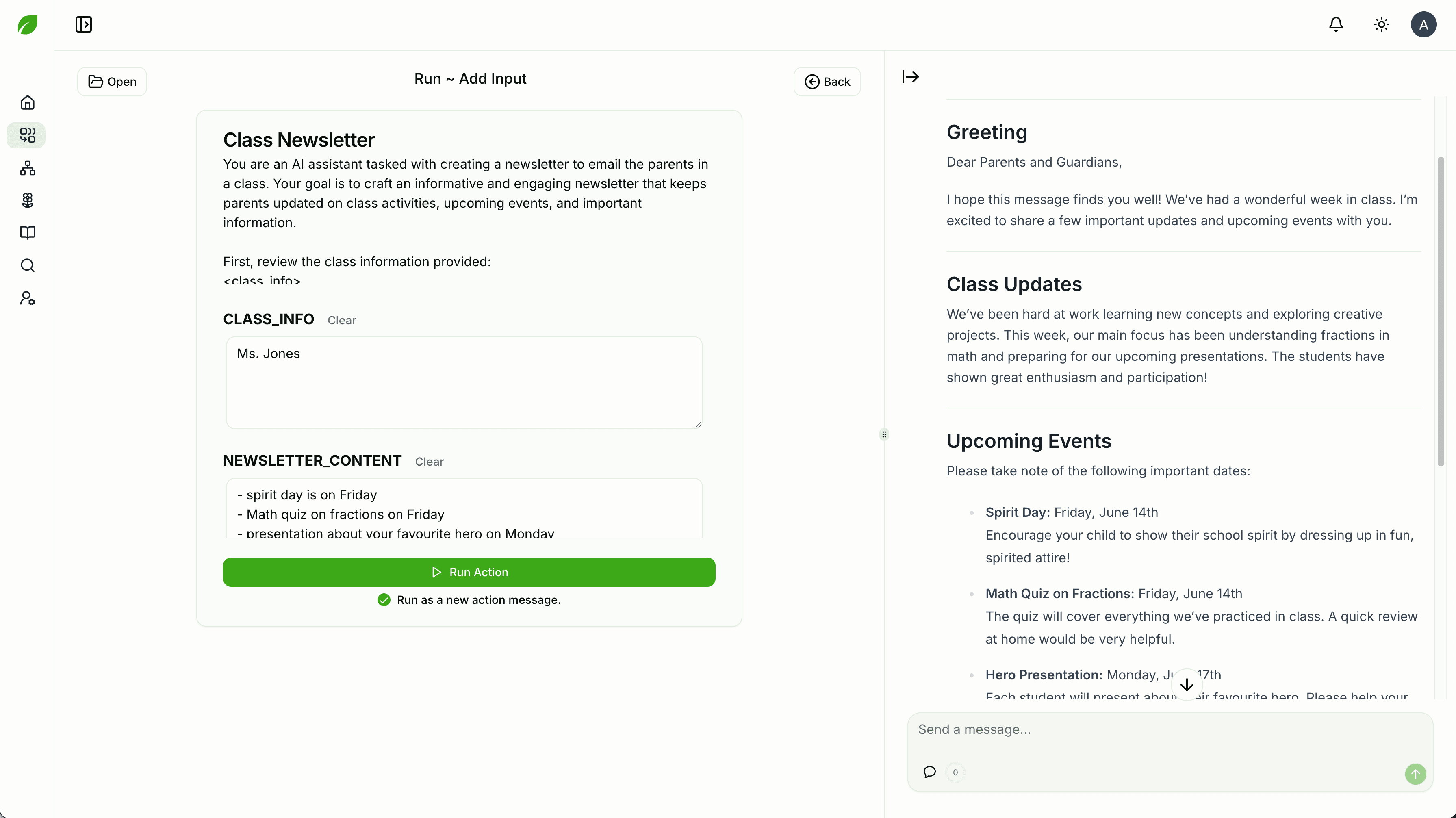 Screenshot of a classroom newsletter being created